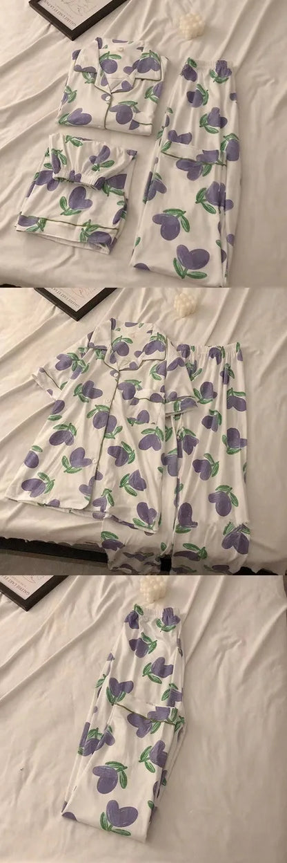 Three-Piece Set of Ladies Pajamas Short Sleeve Long Pants Student Loungewear Cartoon Cardigan Short Sleeve Shorts Cute Pajamas