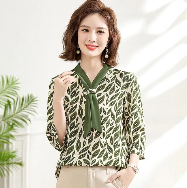 Women's Shirt Middle-aged Mother Elegant Summer Lady Shirts Bandage Floral Printed Chiffon Shirt Blouse Women's Clothing