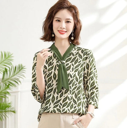 Women's Shirt Middle-aged Mother Elegant Summer Lady Shirts Bandage Floral Printed Chiffon Shirt Blouse Women's Clothing