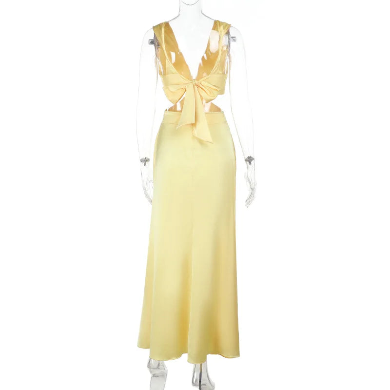 Tornova Deep V neck Hollow Long Dress Female Sleeveless Slit Beach Vacation Dress Solid Color High Waist Bodycon Women's Dress