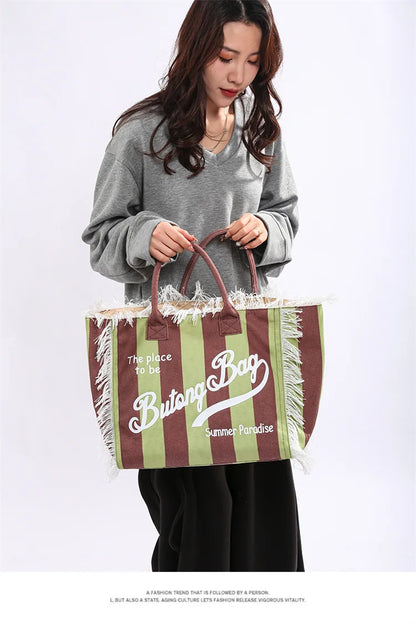 European and American Letters Tassel Canvas Bag Arge Capacity Handbags Travel Women Beach Tote Bag Fashion Casual Shopping Bags
