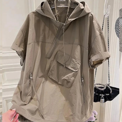 Summer Hoodies Women's Clothing Short Sleeve Hooded Half Zipper Y2k Tops Streetwear Casual Fashion Korean Sweatshirt Ropa Mujer