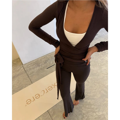 Women Summer y2k Yoga 2 Piece Outfits Casual Solid Tie up Hem Wrap Long Sleeves V-neck Crop Tops Elastic Flare Pants Tracksuits