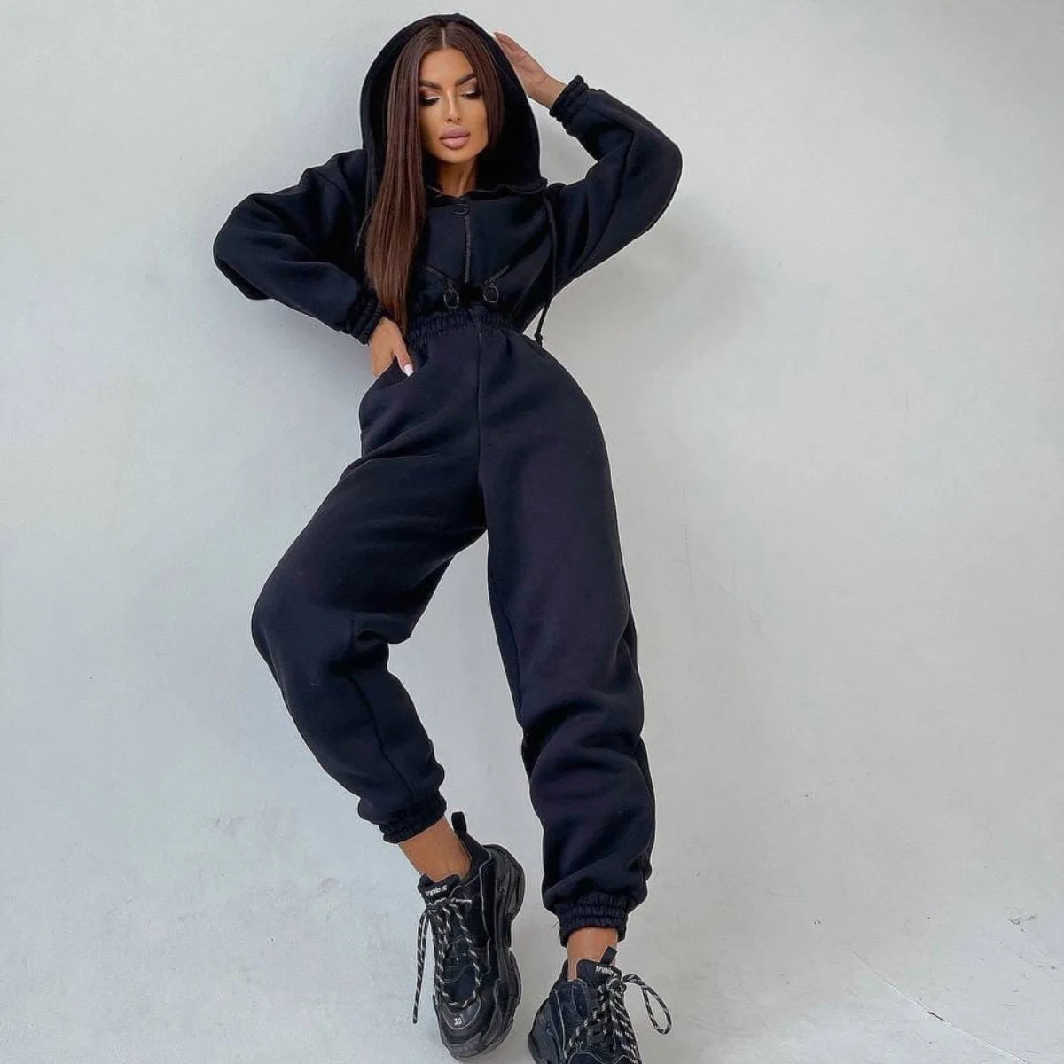 Autumn Women's Monochrome Long-Sleeved Jumpsuit Solid Color Zip-up Sportswear Female Winter Casual Tracksuit Fashionable Hoodies Badiee Stylez