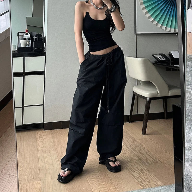 Rimocy Lace Up Y2K Parachute Pants Women Hip Hop Streetwear Oversized Cargo Pants Woman Harajuku Wide Leg Baggy Sweatpants Mujer Badiee Stylez