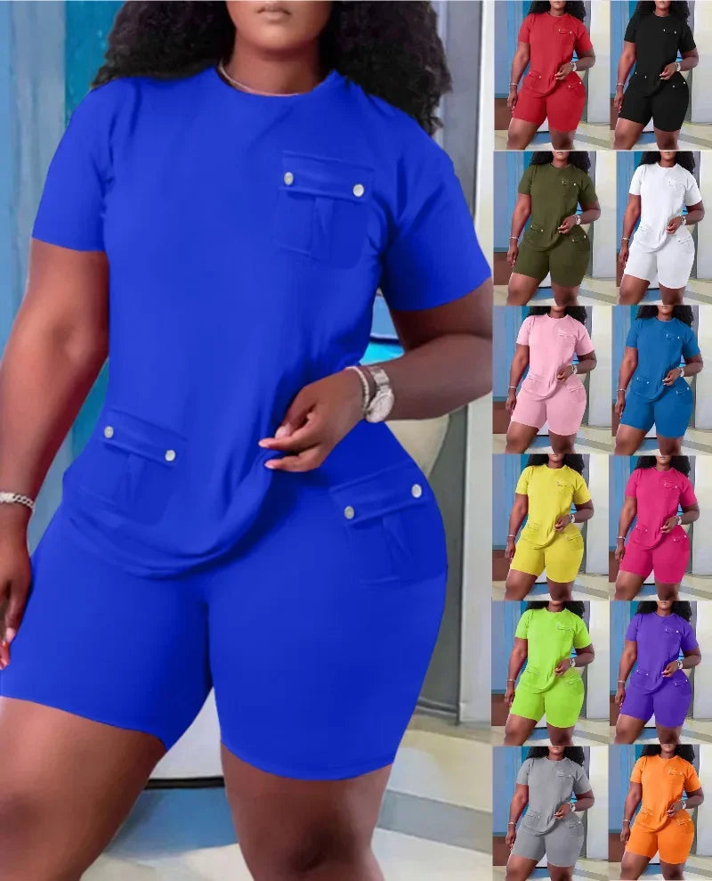 Women Two Piece Shorts Sets Solid Round Neck T Shirts Pockets Elastic Waist Short Trousers Suits Leisure Ladies 2025 Summer