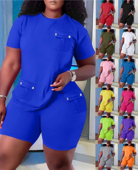 Women Two Piece Shorts Sets Solid Round Neck T Shirts Pockets Elastic Waist Short Trousers Suits Leisure Ladies 2025 Summer