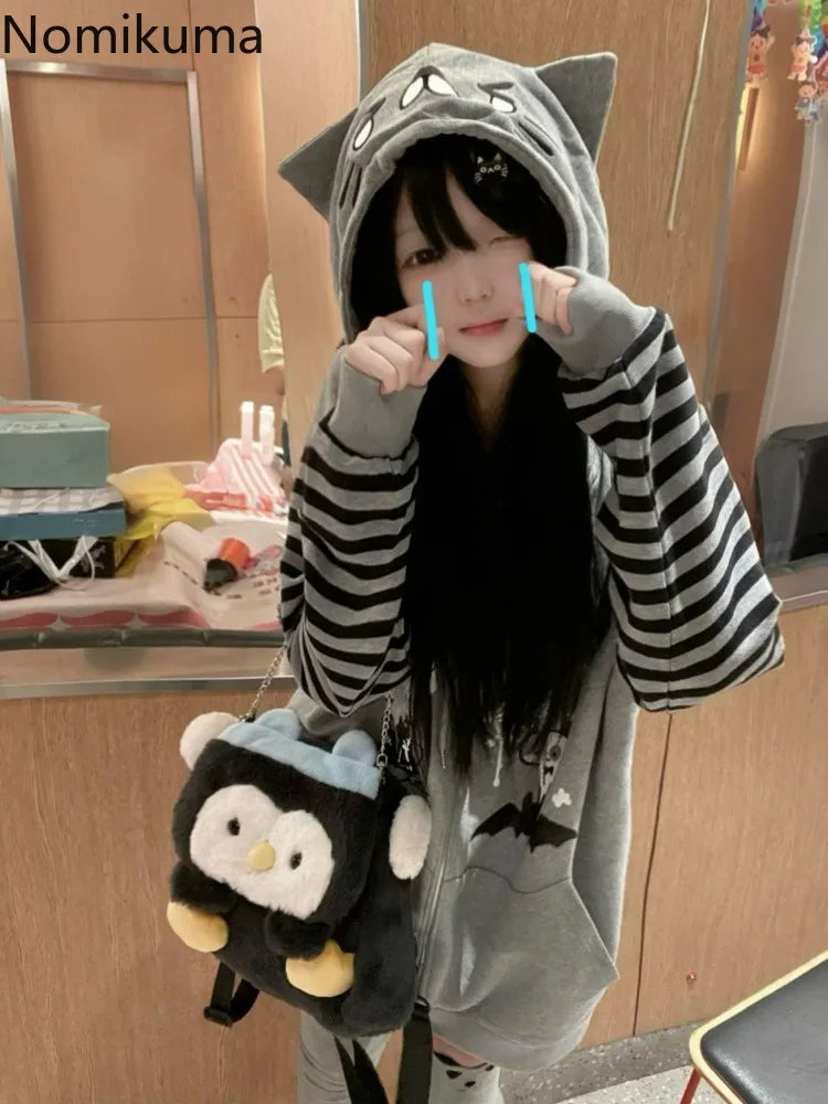 Cat Ear Hooded Sweatshirts Jackets Women Clothing Y2k Tops Patchwork Striped Anime Hoodie Ropa Mujer Casual Fashion Hoodies Coat