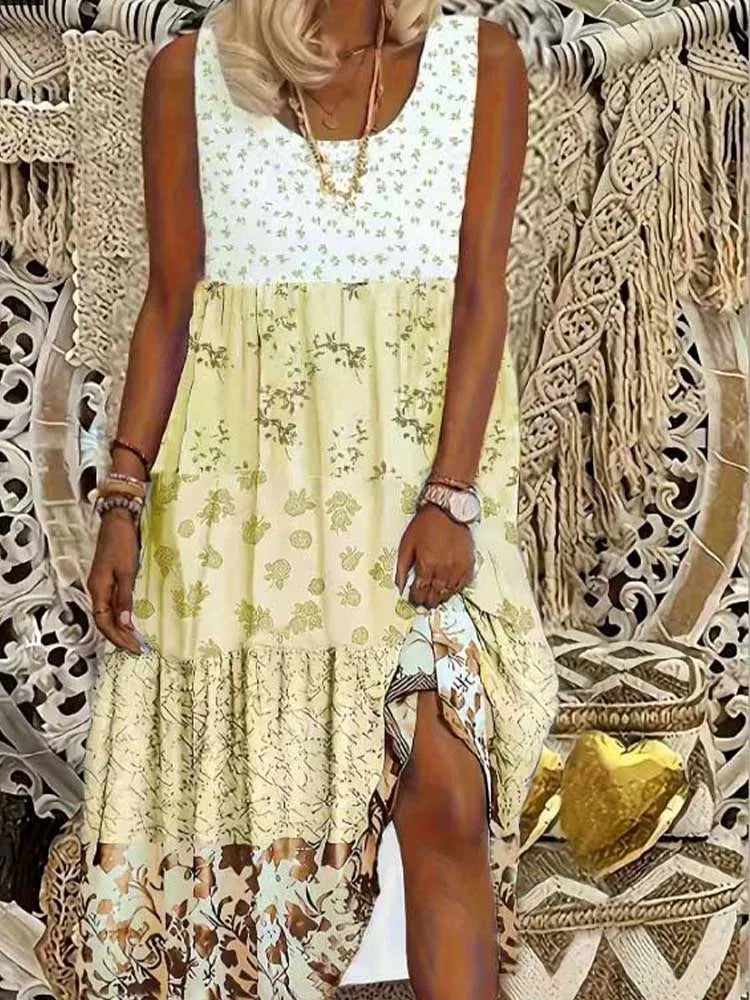 plus Size Women's Sleeveless round Neck Casual Dress Clashing Floral Print Maxi Summer Dresses for Women