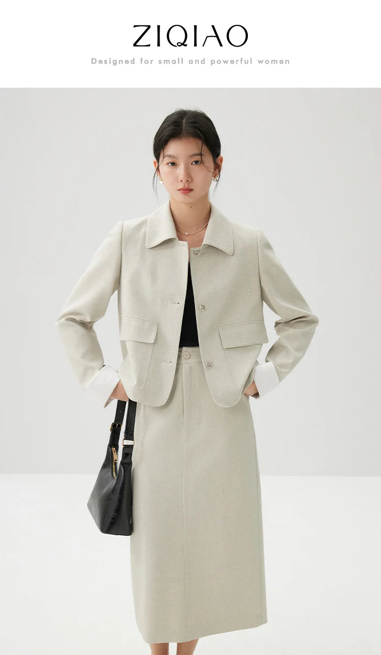 ZIQIAO Apricot Temperament Polo Neck Short Single Breasted Blazer Coat High Waist Zipper Waist Women Skirt 24ZQ91167+24ZQ91168
