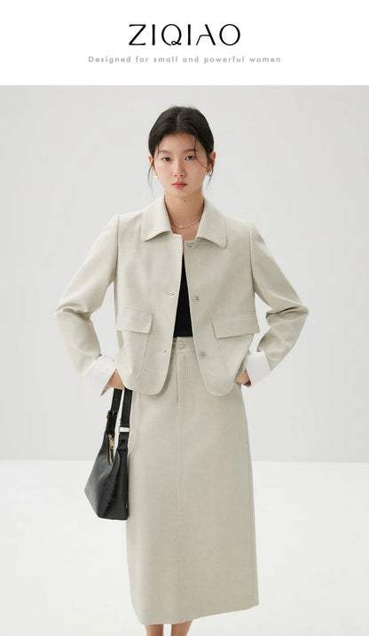 ZIQIAO Apricot Temperament Polo Neck Short Single Breasted Blazer Coat High Waist Zipper Waist Women Skirt 24ZQ91167+24ZQ91168