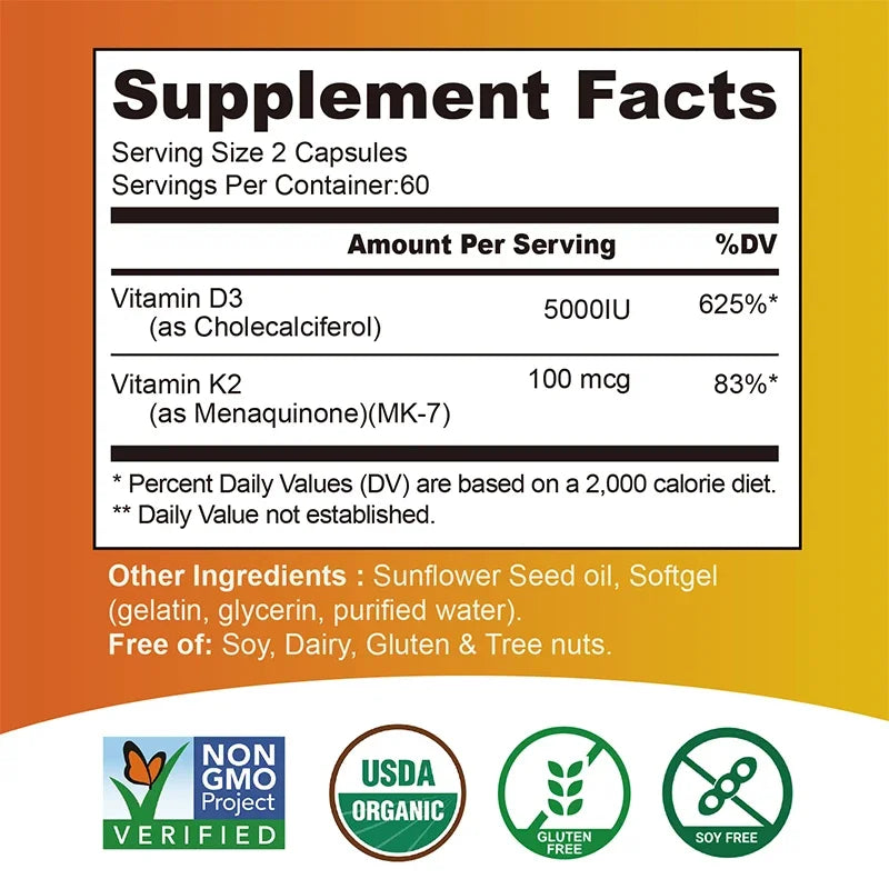 Vitamin D3 + K2 - Promotes Calcium Absorption, Bone and Joint Health, and Boosts ImmunitySupplements