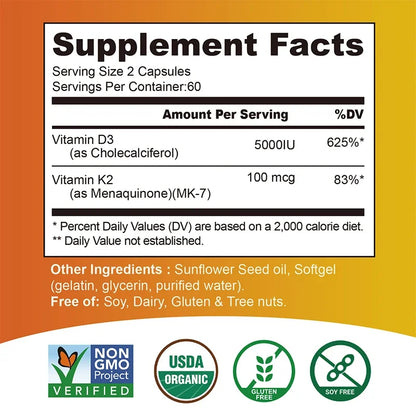 Vitamin D3 + K2 - Promotes Calcium Absorption, Bone and Joint Health, and Boosts ImmunitySupplements
