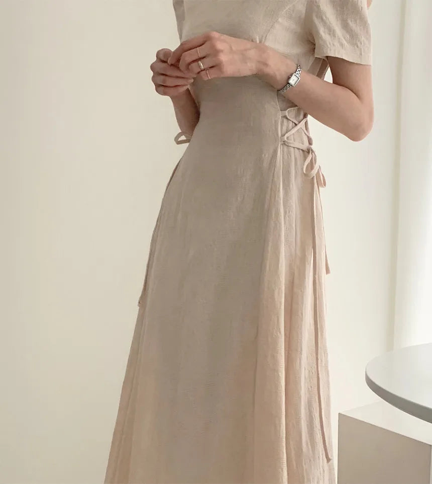 Cotton Linen Dress Long New Hot Sales Woman Short Sleeve Solid Retro Vintage Long Dresses