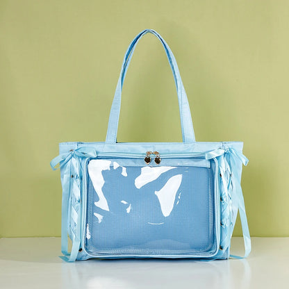 Japanese Large Capacity Satin Ribbon Ita Bag Sweet Girl Anime Transparent Tote Bag Lolita Shoulder Bags Clear Pvc Handbags Blue