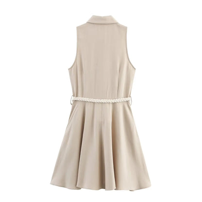 PB&ZA2025 Summer New Arrivals Women's Casual Fashion Simple Commuter Belt Sleeveless Lapel Mini Dress