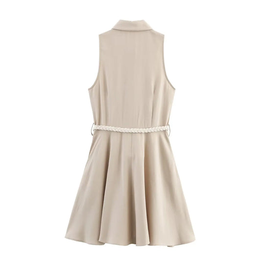 PB&ZA2025 Summer New Arrivals Women's Casual Fashion Simple Commuter Belt Sleeveless Lapel Mini Dress