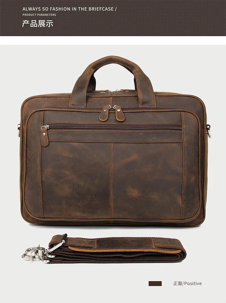 High Quality Genuine Leather Men Briefcase Business bag Crazy Horse Leather Large 17"inch Laptop Bag male Portfolio Office Case