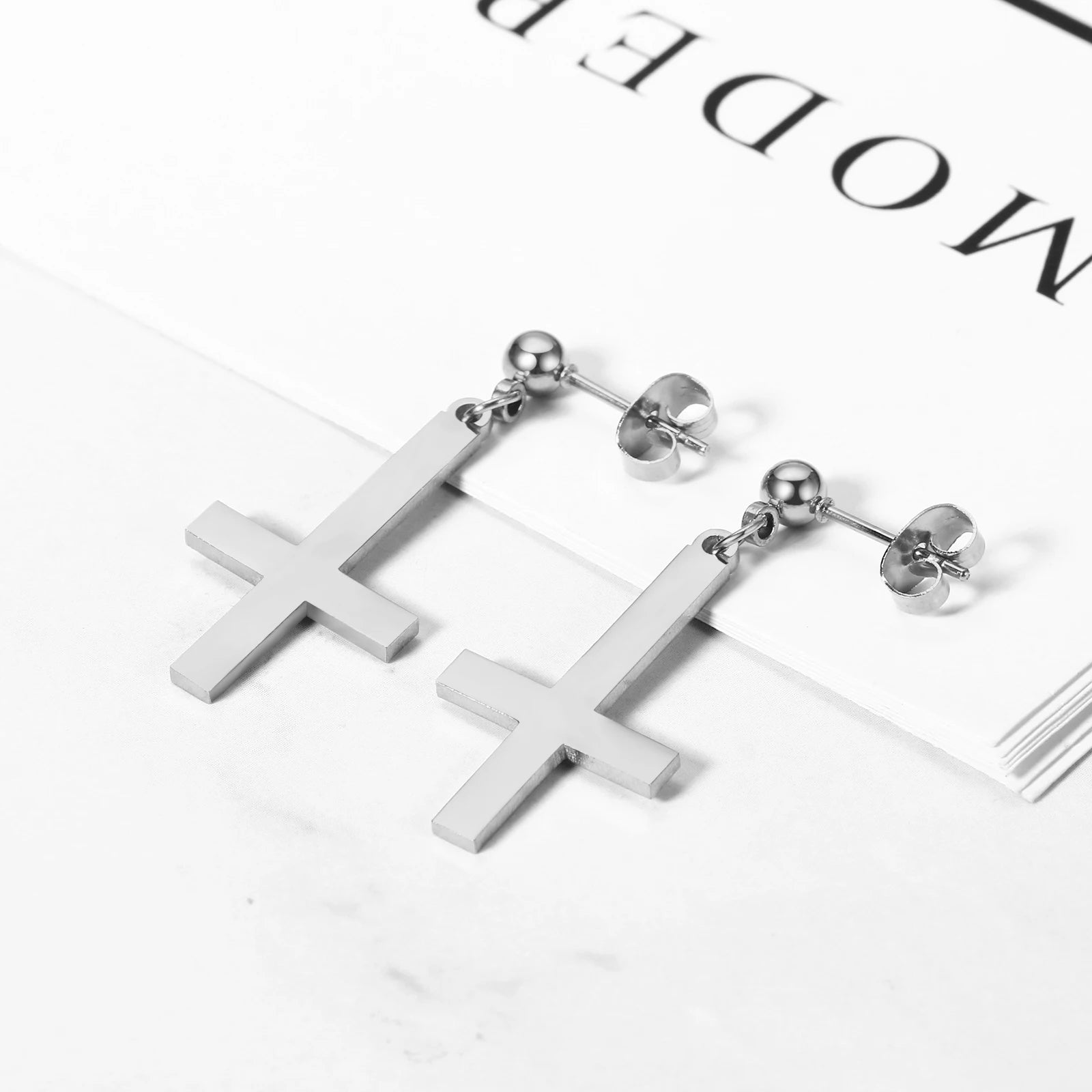BONISKISS Men Women Stainless Steel Inverted Upside Down Cross Earring Church of Satan Temple Occult Satanic Witchy Stud Jewelry
