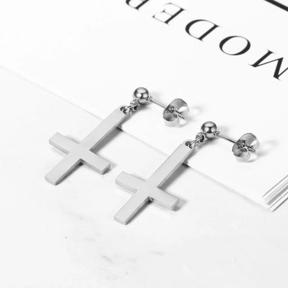 BONISKISS Men Women Stainless Steel Inverted Upside Down Cross Earring Church of Satan Temple Occult Satanic Witchy Stud Jewelry
