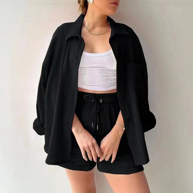 Short Sets Women Tracksuit Single Breasted Cardigan Blouses Two Pieces Shorts Loose Button High Street Solid Pockets Folds
