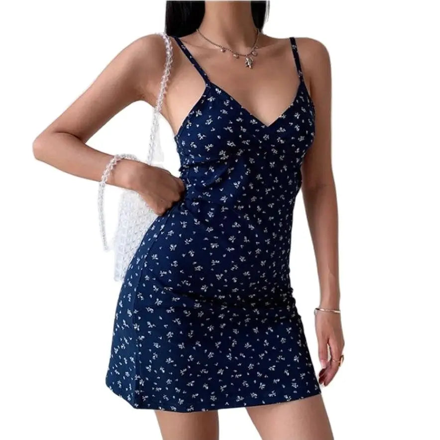 New Sexy Mini Dress Women Summer Vintage Floral Black White Navy Y2K Skinny OL Party Evening V-Neck Camis Dresses Woman Clothes