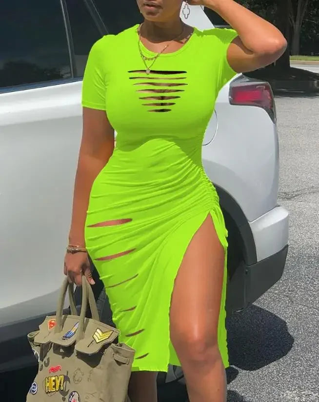 Women's Dresses 2023 Summer Fashion Contrast Leopard Print Drawstring Ruched Casual O-Neck Short Sleeve High Slit Skinny Dress Fluorescent Green