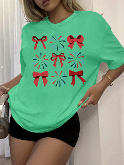 Plus Size Festive Bow And Firework Graphic Tee Elegant Celebration Inspired Top For Stylish Occasions green
