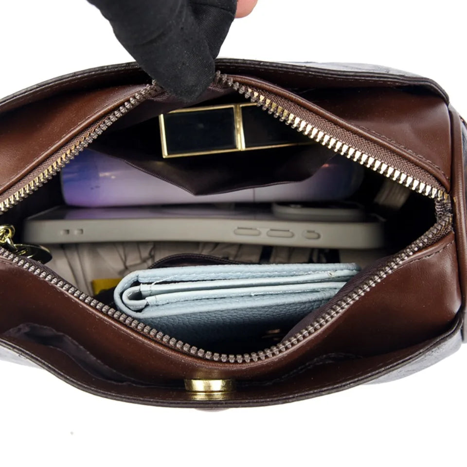 Three Layers Women Handbag Soft Leather Shoulder Crossbody Bags for Women Flower Print Ladies Messenger Bag with WIde Strap