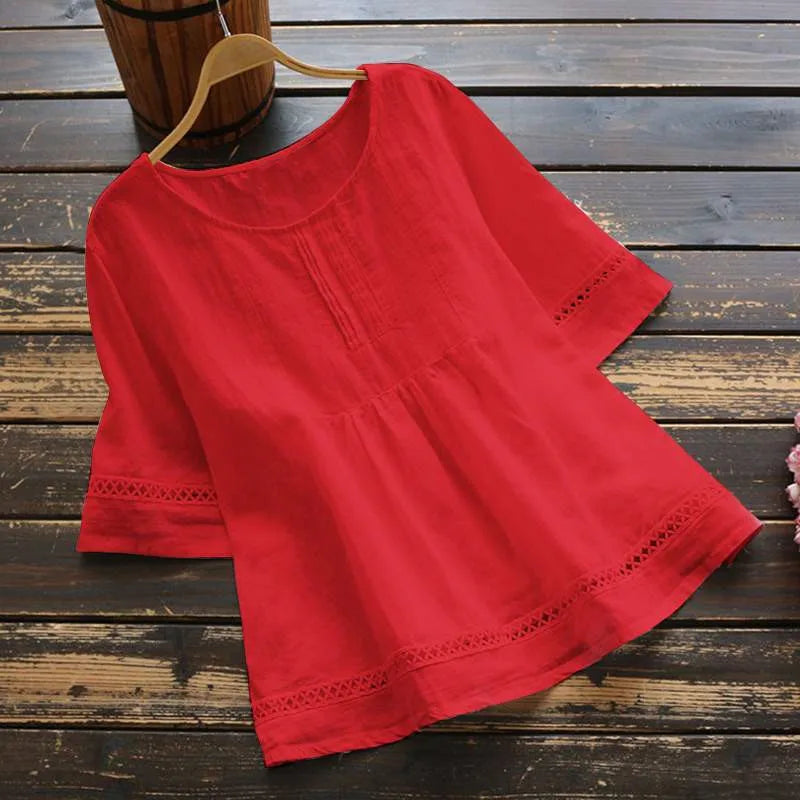 Fashion O-neck Short Sleeve White Lace Tops And Blouses Women 2024 Summer Loose Casual Cotton Linen Top Femme Blouse Shirt Woman Red