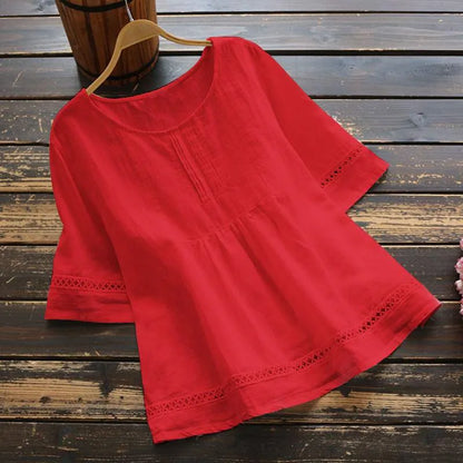 Fashion O-neck Short Sleeve White Lace Tops And Blouses Women 2024 Summer Loose Casual Cotton Linen Top Femme Blouse Shirt Woman Red