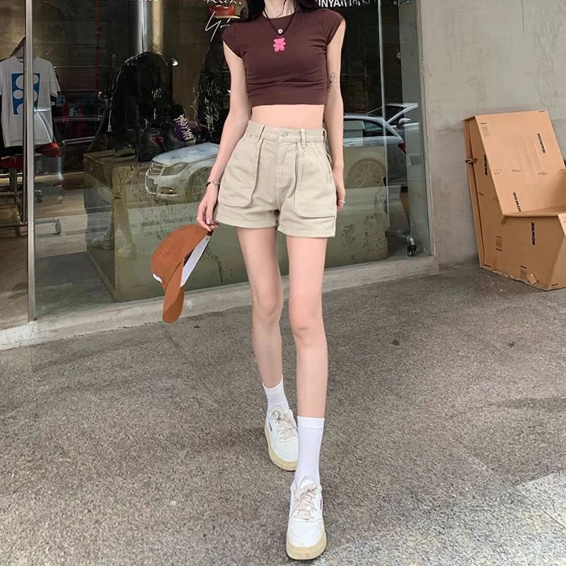 Khaki Pocket Baggy Short Jean Pants Woman Summer Korean Style Clothing Harajuku Fashion High Waist Cargo Denim Shorts for Women
