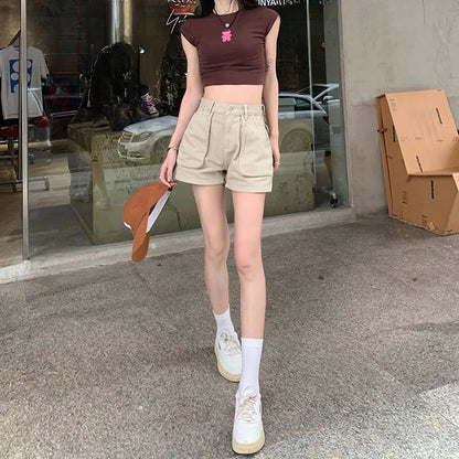 Khaki Pocket Baggy Short Jean Pants Woman Summer Korean Style Clothing Harajuku Fashion High Waist Cargo Denim Shorts for Women