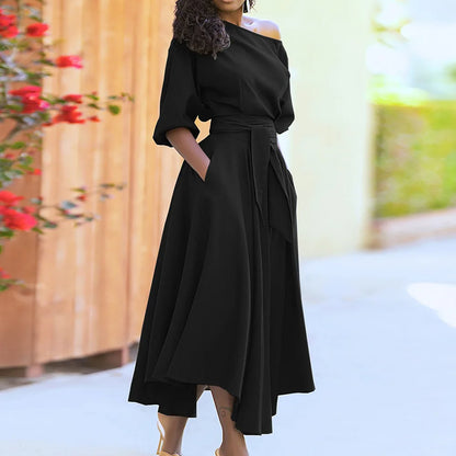 Elegant Women's Spring/Summer Fashion Green Diagonal Neck Middle Sleeve Casual Dress Women's Casual Retro Long Dress s-3XL