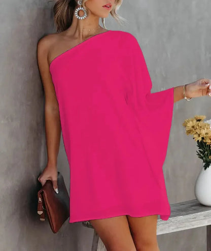Party Dress Sexy One-Shoulder Long Sleeve Halter Loose Irregular Sundress Cover-Ups Elegant Women Gradient Color Beach Dress Rose Red