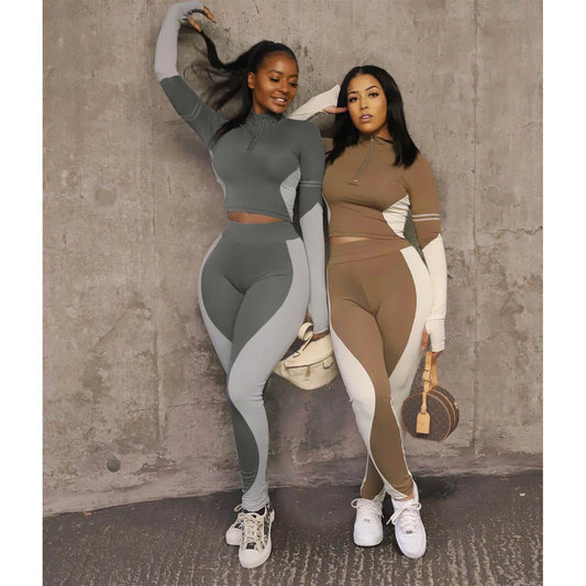 Y2K Color Matching Women'S Set Sweatsuit Two Piece Outfits Ladies' Standing Collar Sports Suit Slim Fit Long Sleeved Long Pants Badiee Stylez