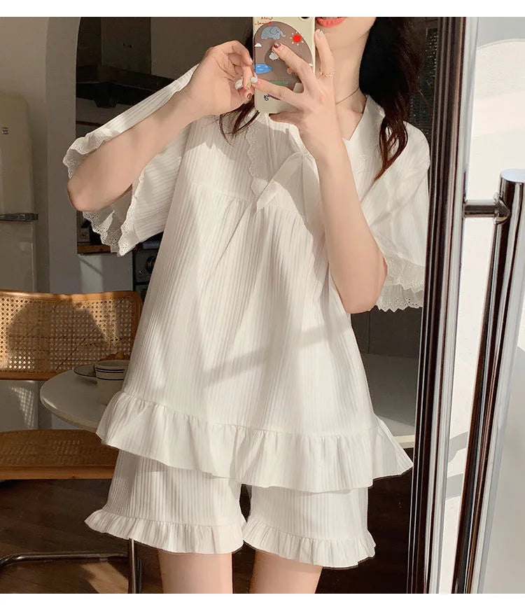 Palace Style Pajamas Ladies Summer Loungewear Set Short-Sleeved with Cushion Korean Small Sweet Girlfriends Loungewear Set