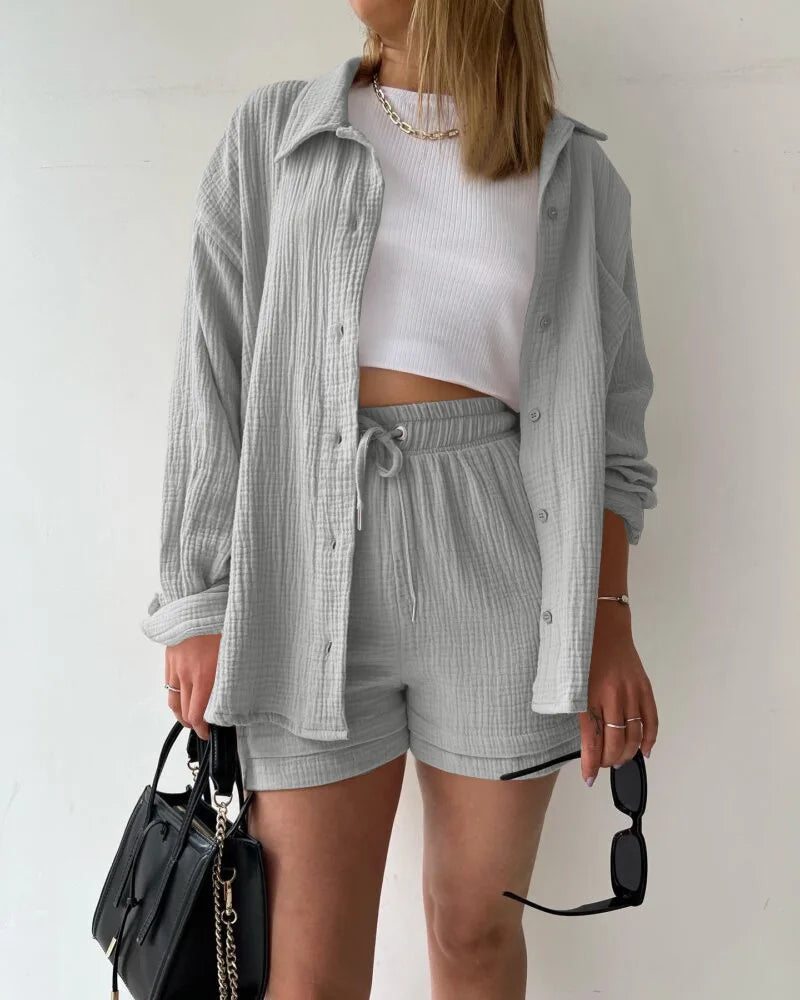 Short Sets Women Tracksuit Single Breasted Cardigan Blouses Two Pieces Shorts Loose Button High Street Solid Pockets Folds