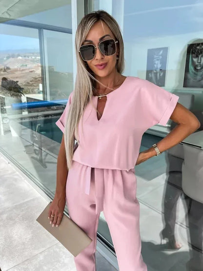 Jumpsuit Women 2023 Solid Color Short Sleeve V-neck Pocket Lace-up Pencil Long Pants Jumpsuits Summer Outfits Bodysuits Badiee Stylez
