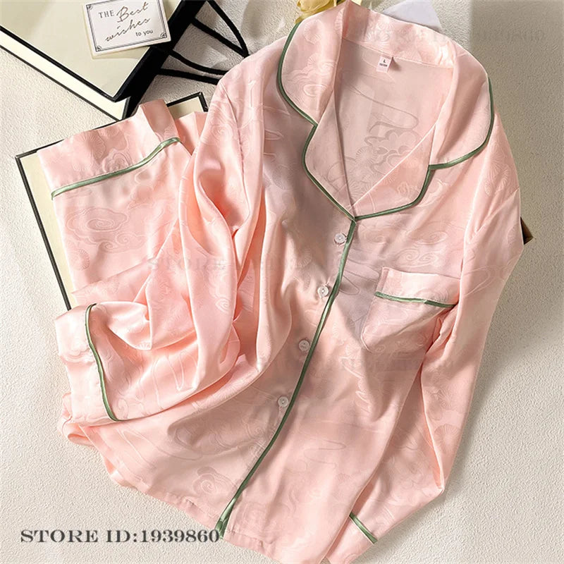 Women Long Sleeve Pajamas 2PCS Set Spring Summer New Sleepwear Loungewear Fashion Stripes Pyjama Pour Femme Loose Satin Homewear Pink Pajamas 16