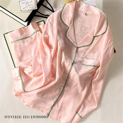Women Long Sleeve Pajamas 2PCS Set Spring Summer New Sleepwear Loungewear Fashion Stripes Pyjama Pour Femme Loose Satin Homewear Pink Pajamas 16