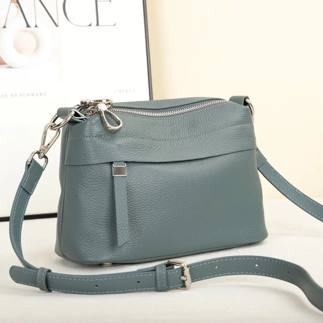 Head Layer Cowhide Leather Women's Shoulder Crossbody Bag Large Capacity Multi Compartment Handbag Casual Practical Armpit Bag Pearl Blue 24X10X17CM