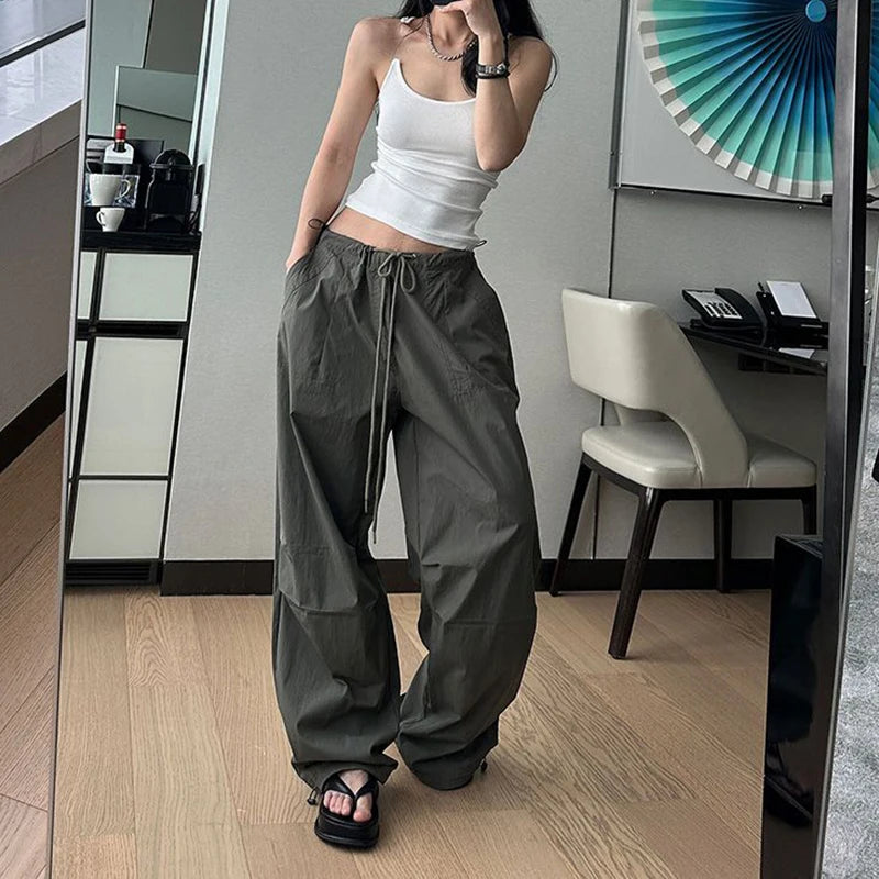 Rimocy Lace Up Y2K Parachute Pants Women Hip Hop Streetwear Oversized Cargo Pants Woman Harajuku Wide Leg Baggy Sweatpants Mujer Badiee Stylez