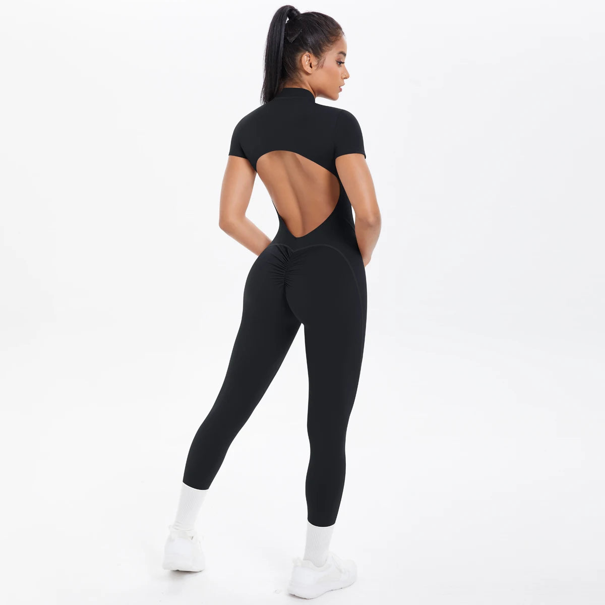 Short Sleeved Fitness Jumpsuit for Woman Bodysuits Backless Solid Color Scrunch One-Piece Suit Half Zipper Gym Yoga Sets Womens