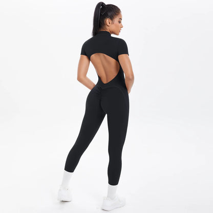Short Sleeved Fitness Jumpsuit for Woman Bodysuits Backless Solid Color Scrunch One-Piece Suit Half Zipper Gym Yoga Sets Womens