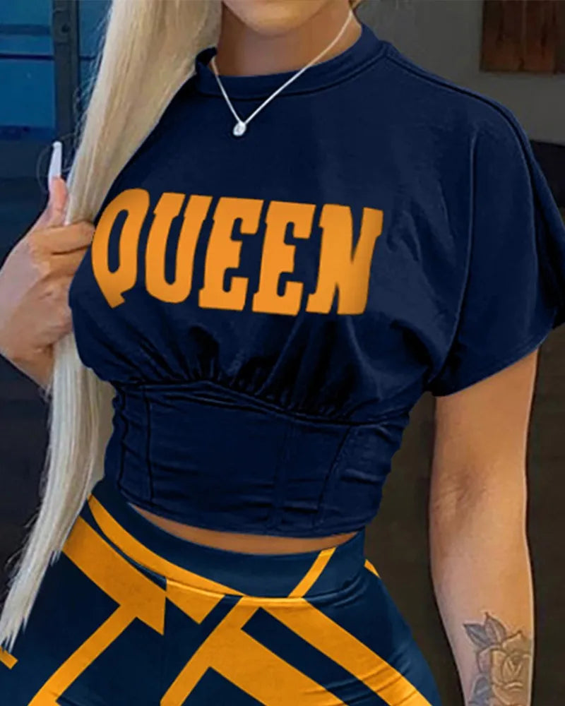 Women Two Piece Short Sets Round Neck Crop Tops Pullovers High Waist Shirts Elastic Waist Shorts Matching Sets Y2k Summer