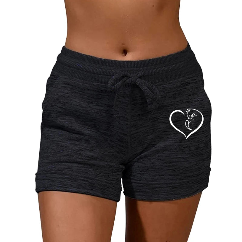Summer Women's Shorts Printing Elastic High Waist Casual Sport Fitness Running Oversize Female Sweatpants Black