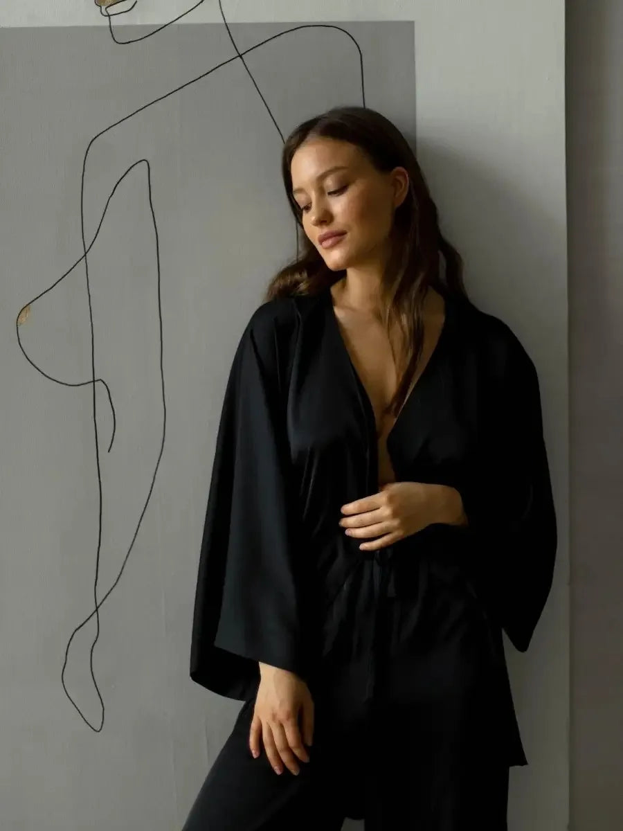 Mozuleva Solid Color Long Sleeved Pants Pajama 2-Piece Set Women's Autumn Winter Lace Up Nightgown Comfortable Home Clothing