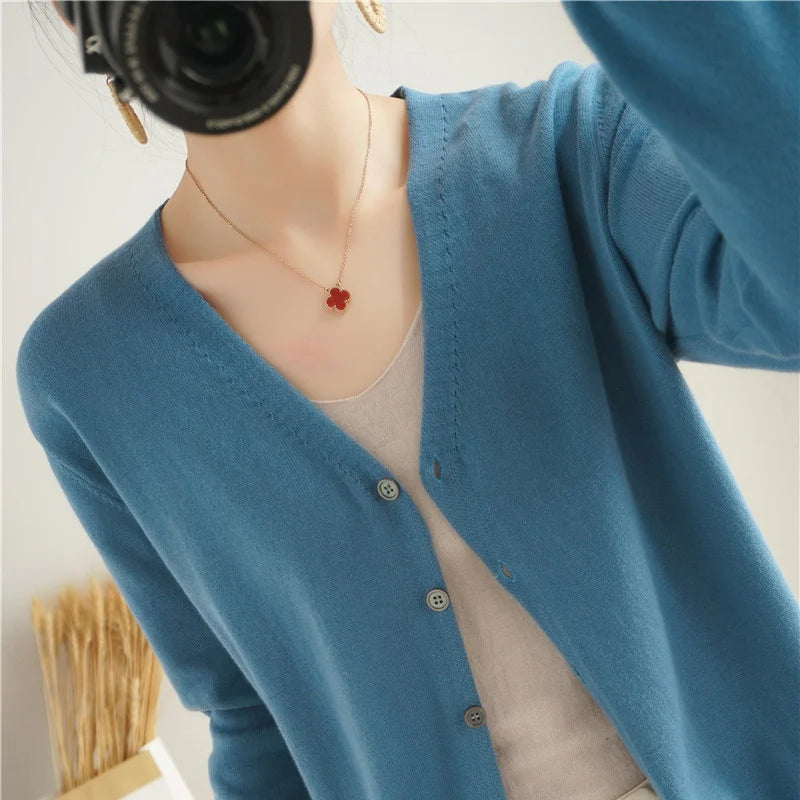100% Cotton Line Long Sleeve V-Neck Knitted Cardigan Women Loose Short Solid Color Simple Sun Protection SMY K61 bing lan se