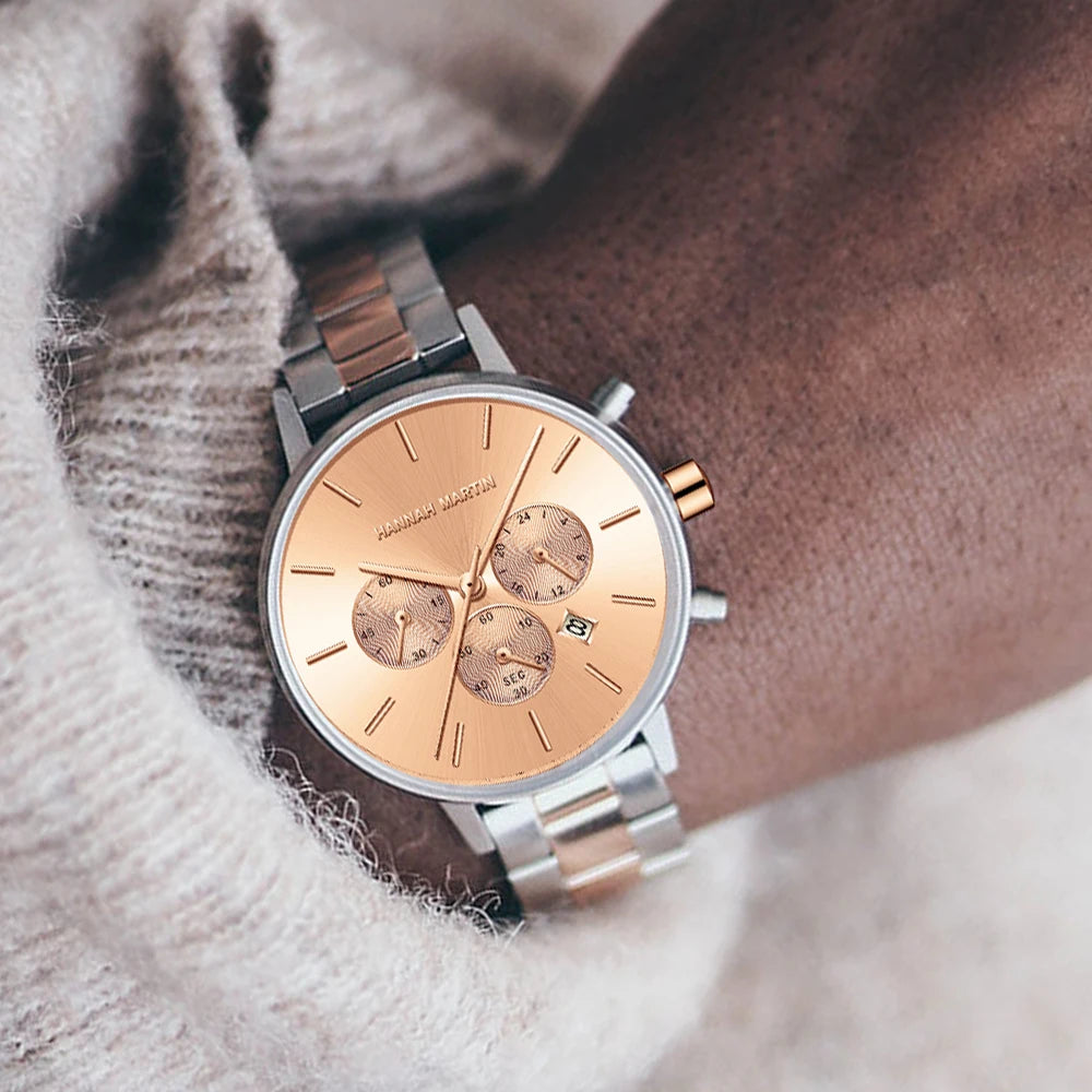 HANNAH MARTIN Brand Women Multifunctional Watch Original Stainless Steel Rose Gold 36mm Quartz Movement Casual Banquet Wristatch